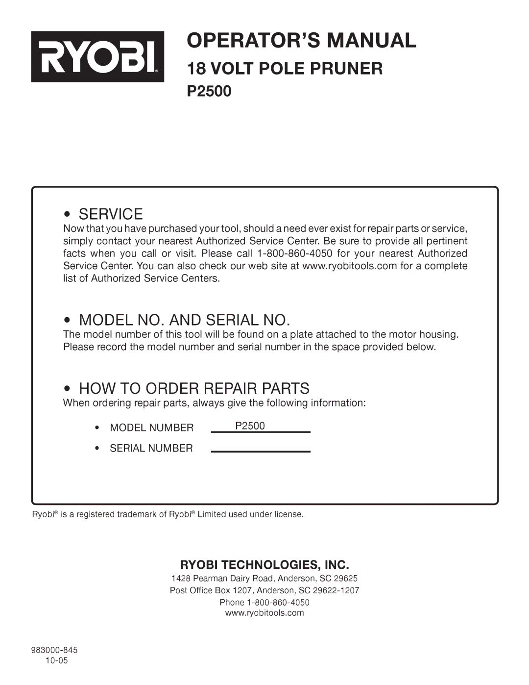 Ryobi Outdoor P2500 manual Service Model NO. and Serial no 