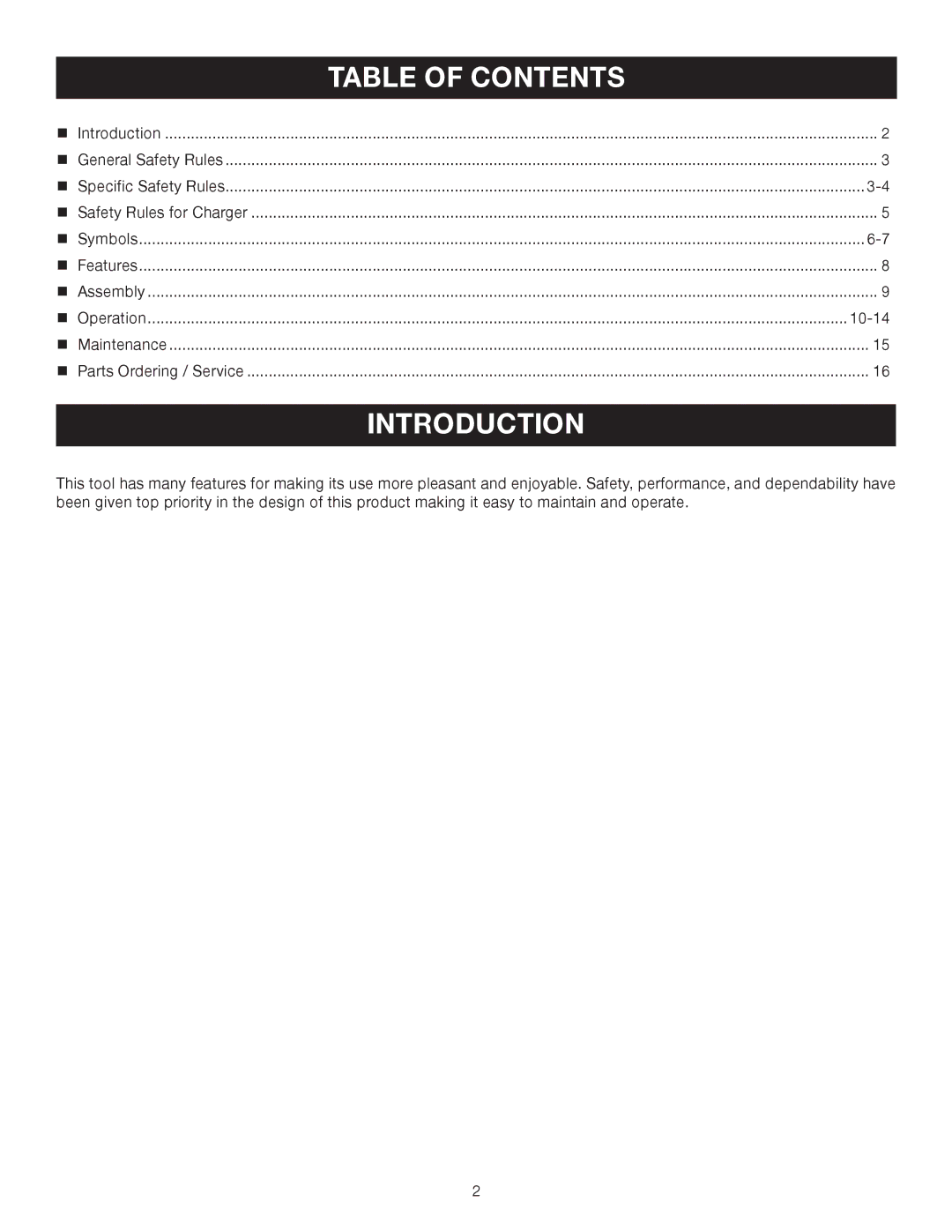 Ryobi Outdoor P2500 manual Introduction, Table of Contents 