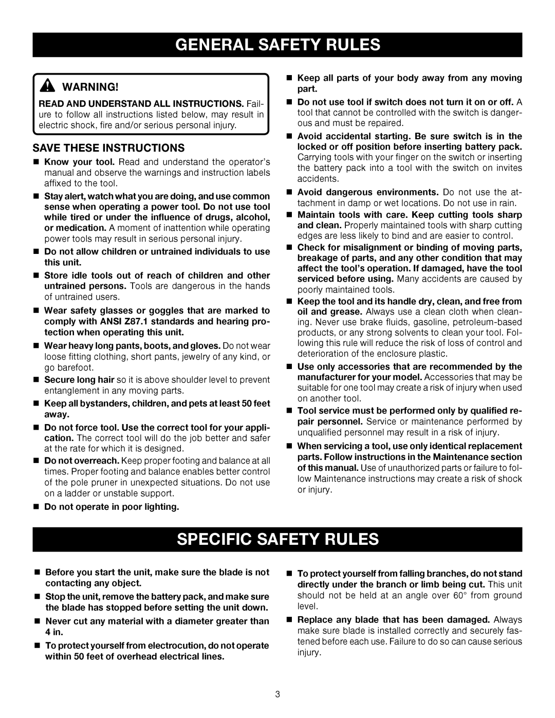 Ryobi Outdoor P2500 manual General Safety Rules, Specific Safety Rules 