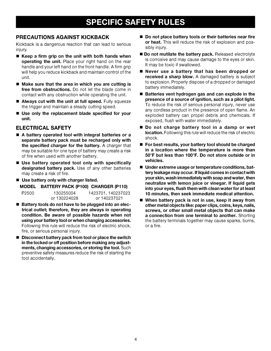 Ryobi Outdoor P2500 manual Precautions Against Kickback, Electrical Safety, Model Battery Pack P100 Charger P110 