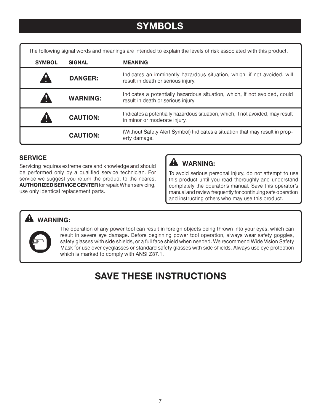 Ryobi Outdoor P2500 manual Service, Symbol Signal Meaning 