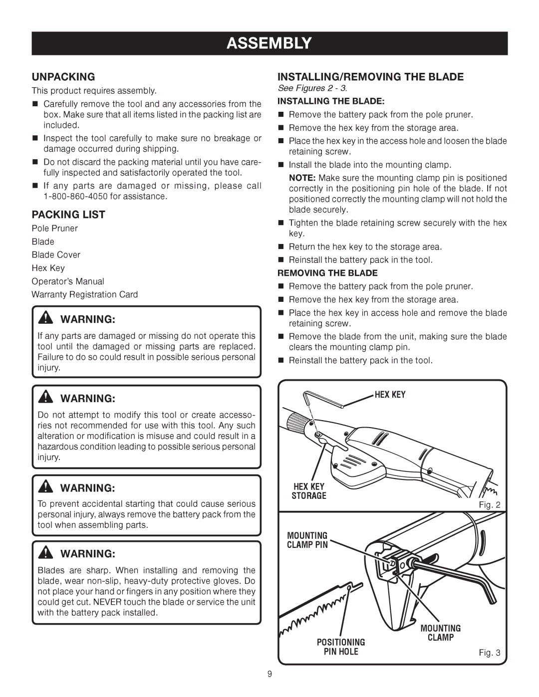 Ryobi Outdoor P2500 manual Assembly, Unpacking, Packing List, INSTALLING/REMOVING the Blade, See Figures 2 