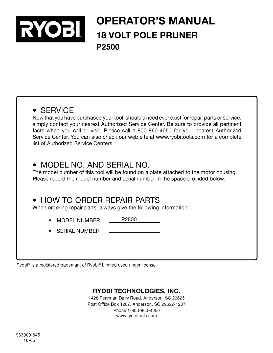Ryobi Outdoor P2500 manual Ryobi Technologies, Inc, Operator’S Manual, Volt Pole Pruner, Service, Model No. And Serial No 