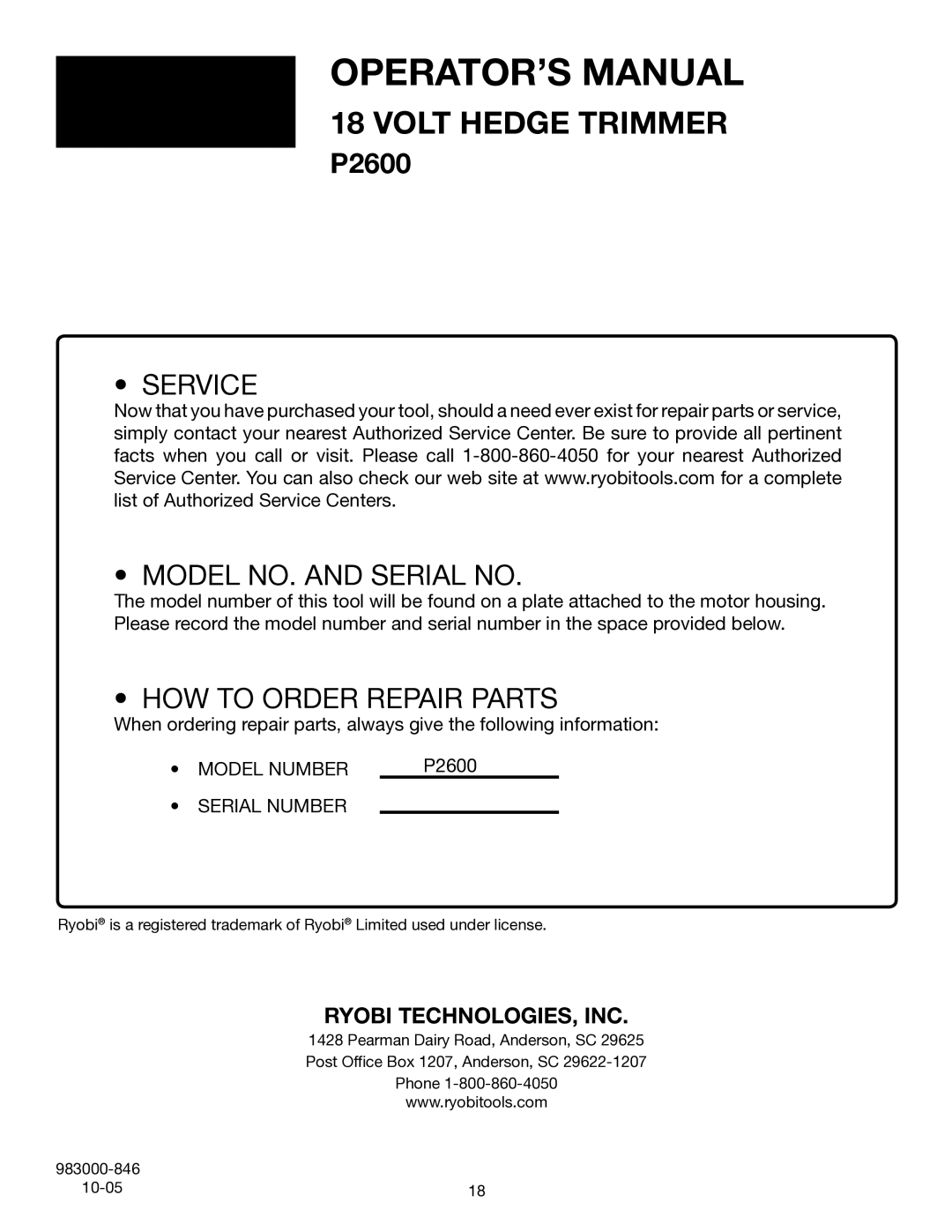 Ryobi Outdoor P2600 manual Service Model NO. and Serial no 