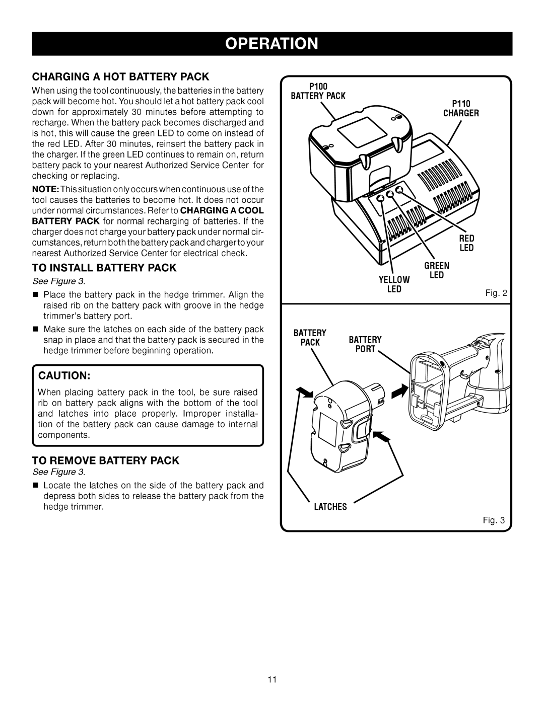 Ryobi Outdoor P2600 Charging A Hot Battery Pack, To Install Battery Pack, To Remove Battery Pack, Operation, See Figure 
