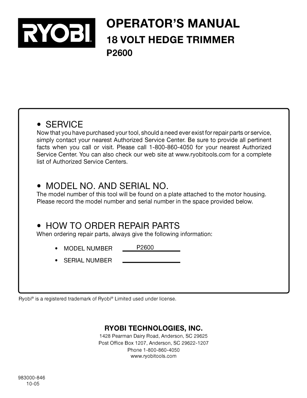 Ryobi Outdoor P2600 manual Ryobi Technologies, Inc, Operator’S Manual, Volt Hedge Trimmer, Service, Model No. And Serial No 