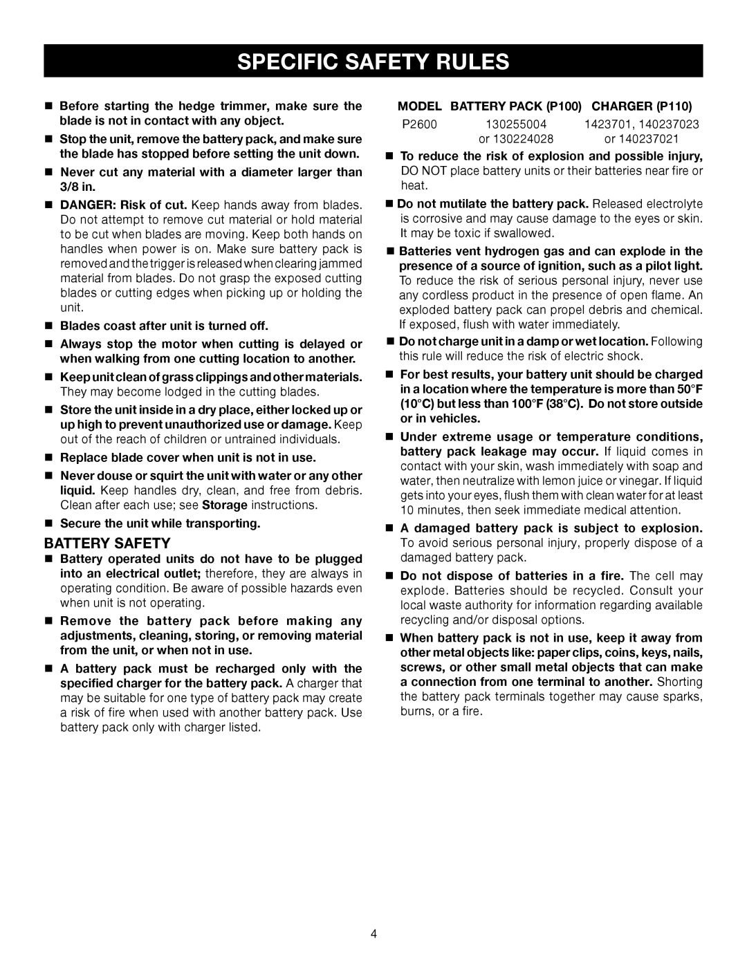 Ryobi Outdoor P2600 manual Specific Safety Rules, Battery Safety 