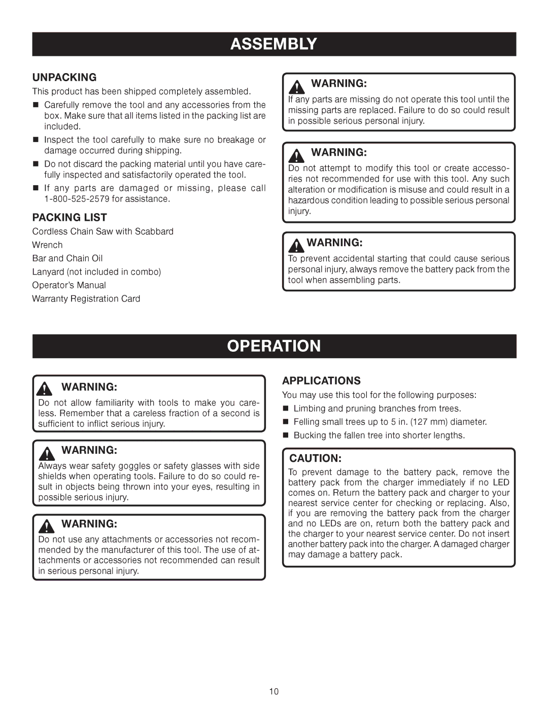 Ryobi Outdoor P540 manual Assembly, Operation, Unpacking, Packing List, Applications 