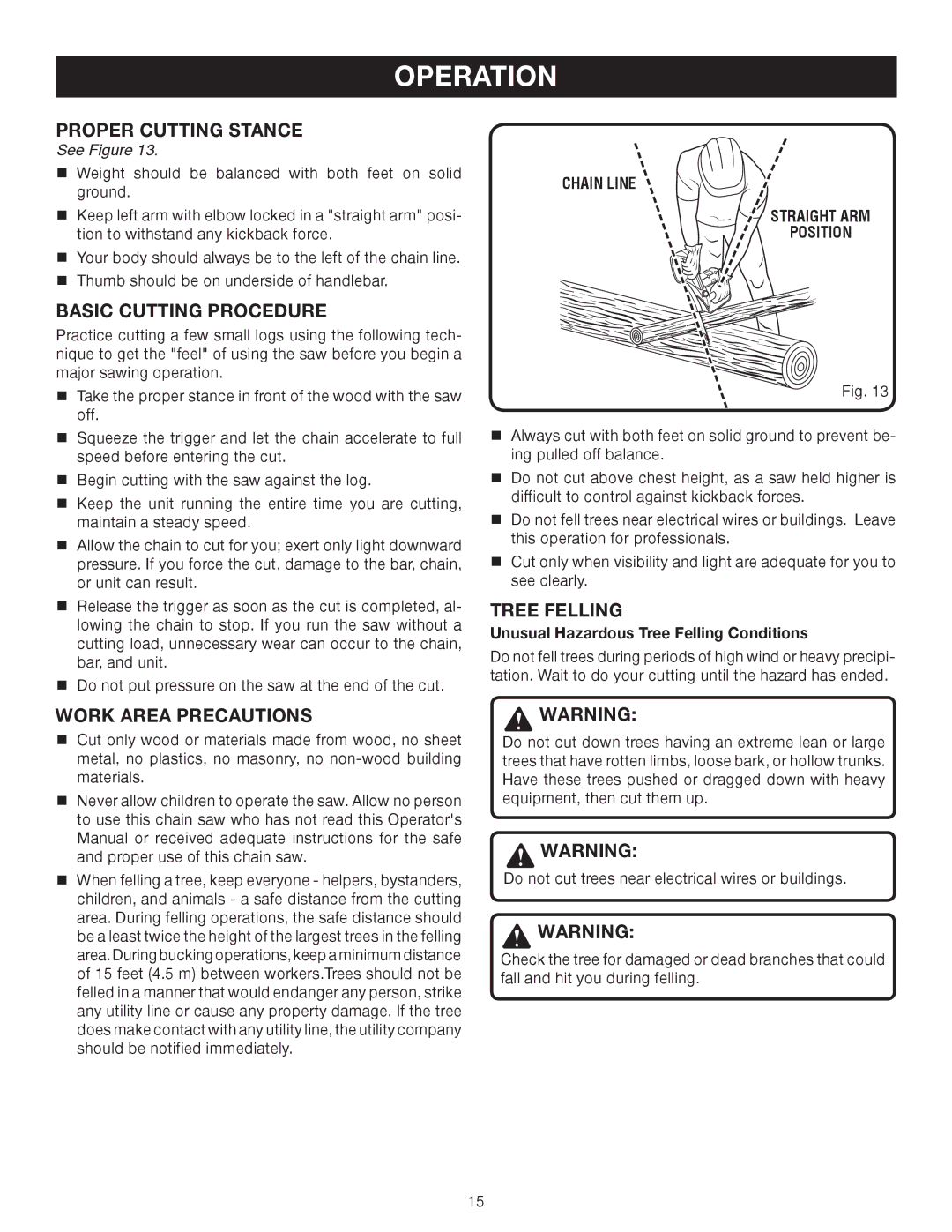 Ryobi Outdoor P540 manual Proper Cutting Stance, Basic Cutting Procedure, Work Area Precautions, Tree Felling 