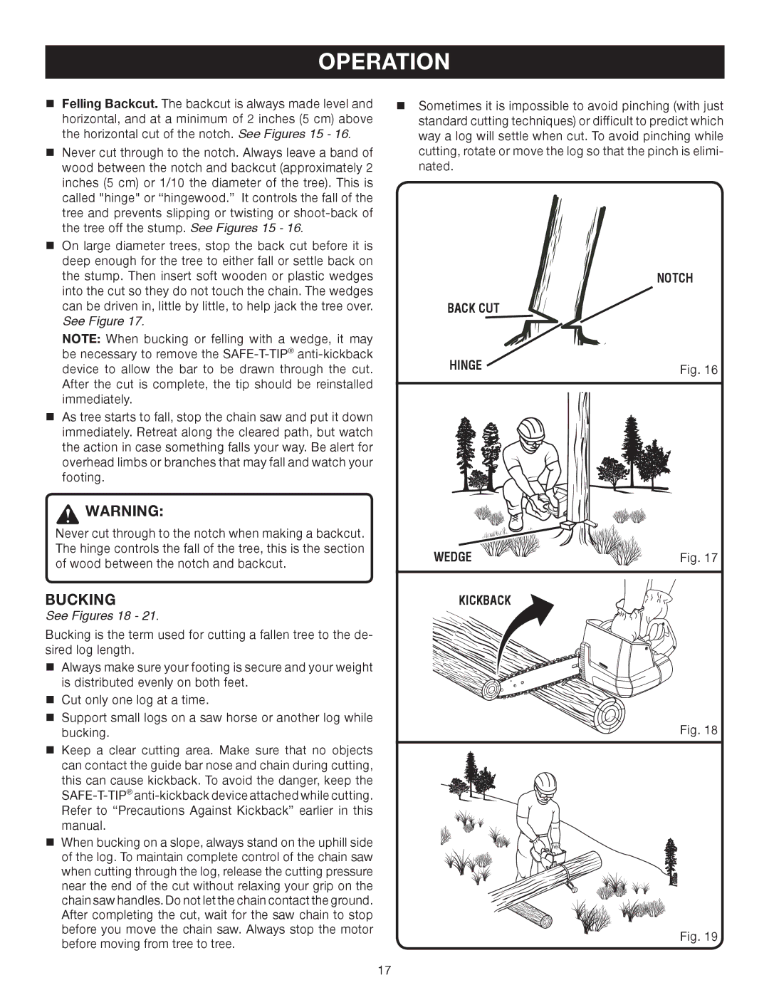 Ryobi Outdoor P540 manual Bucking, See Figures 18, Notch Back CUT Hinge Wedge Kickback 