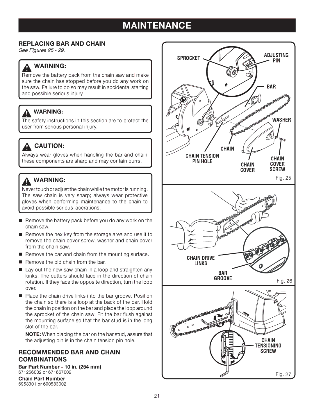 Ryobi Outdoor P540 manual Replacing BAR and Chain, Recommended BAR and Chain Combinations, See Figures 25 