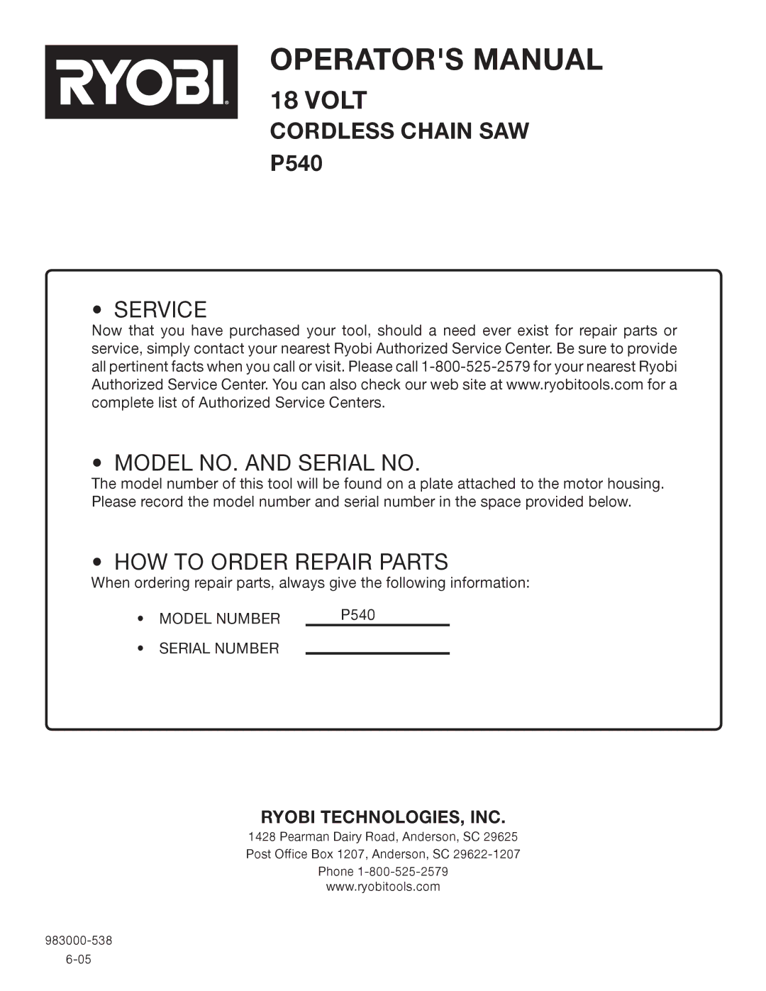 Ryobi Outdoor P540 manual Service Model NO. and Serial no 