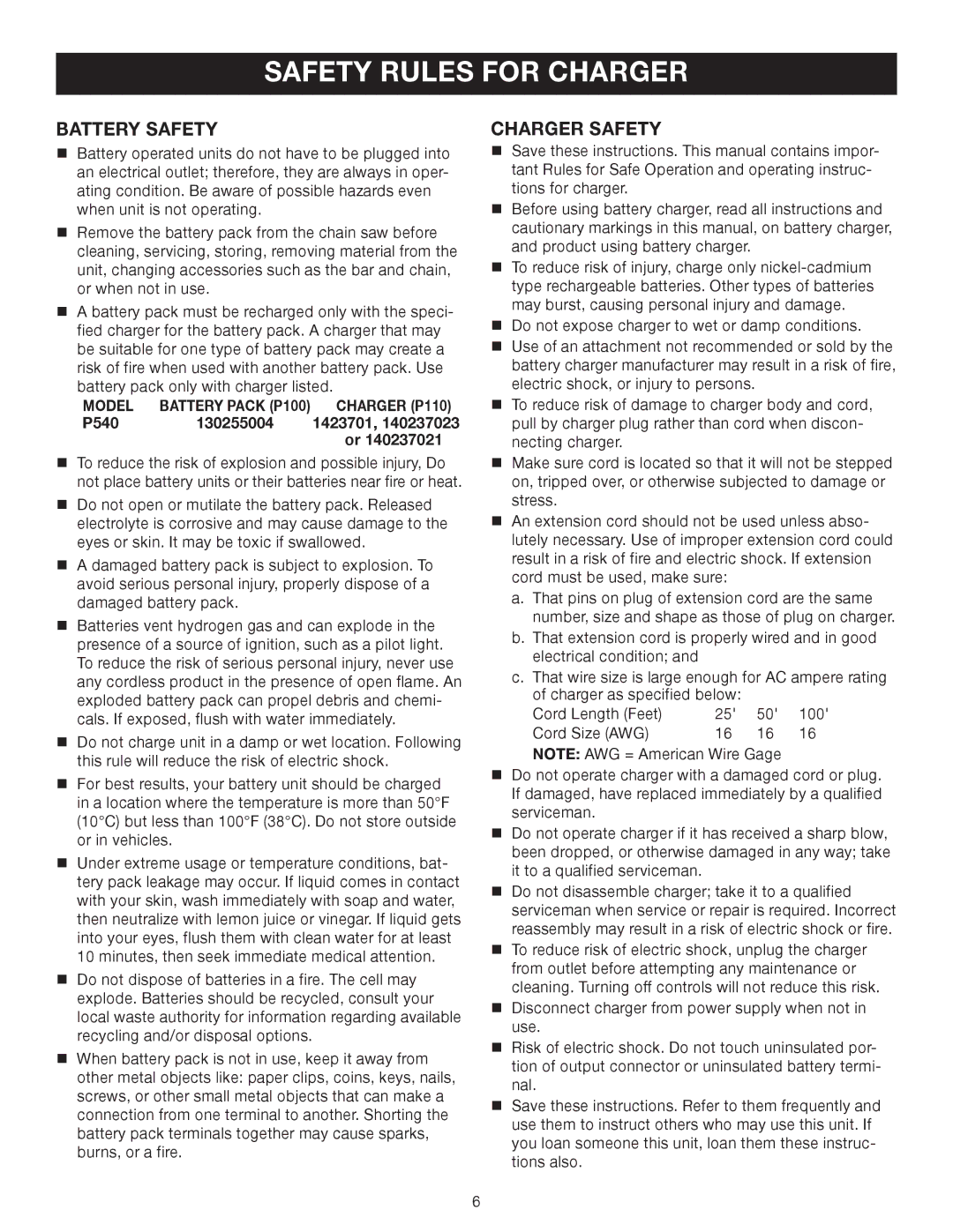 Ryobi Outdoor P540 manual Safety Rules for Charger, Battery Safety, Charger Safety, Model 