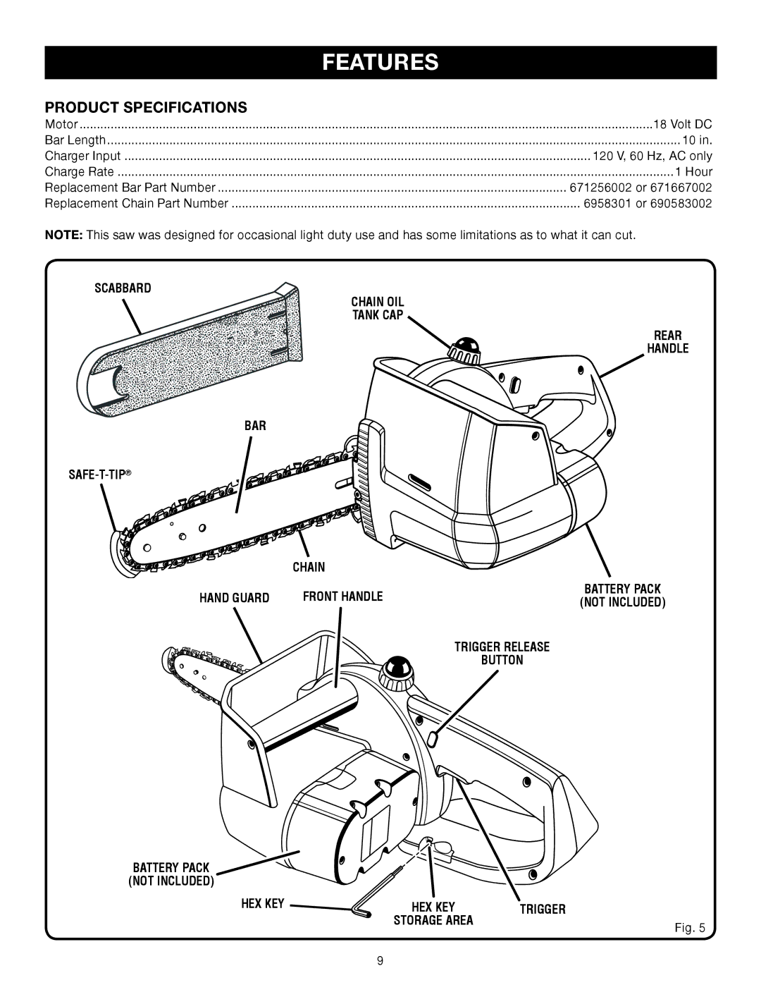 Ryobi Outdoor P540 manual Product Specifications, Scabbard, BAR SAFE-T-TIP Chain Hand Guard Front Handle, Trigger 