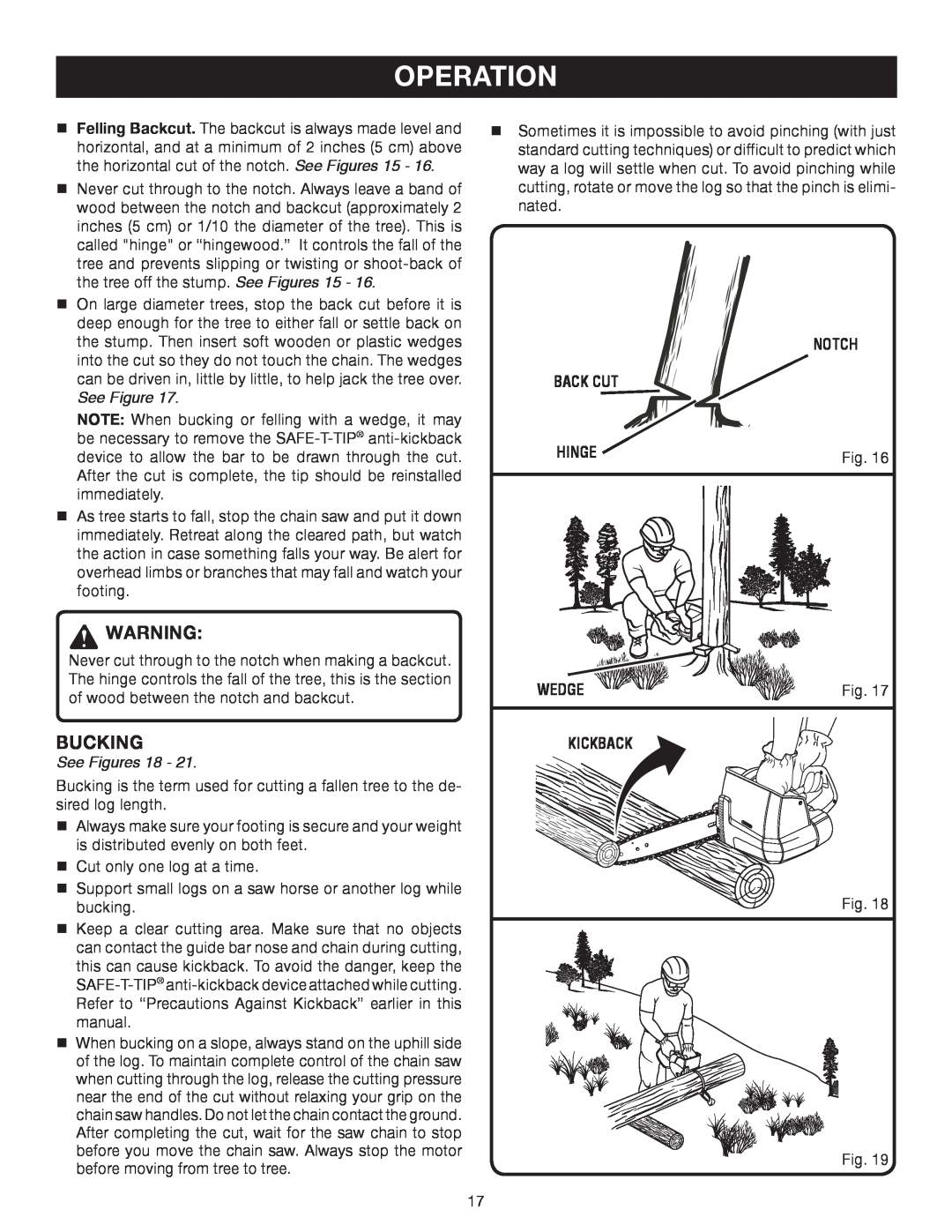 Ryobi Outdoor P540 manual Bucking, Operation, See Figures 18, Notch Back Cut, Hinge, Wedge, Kickback 