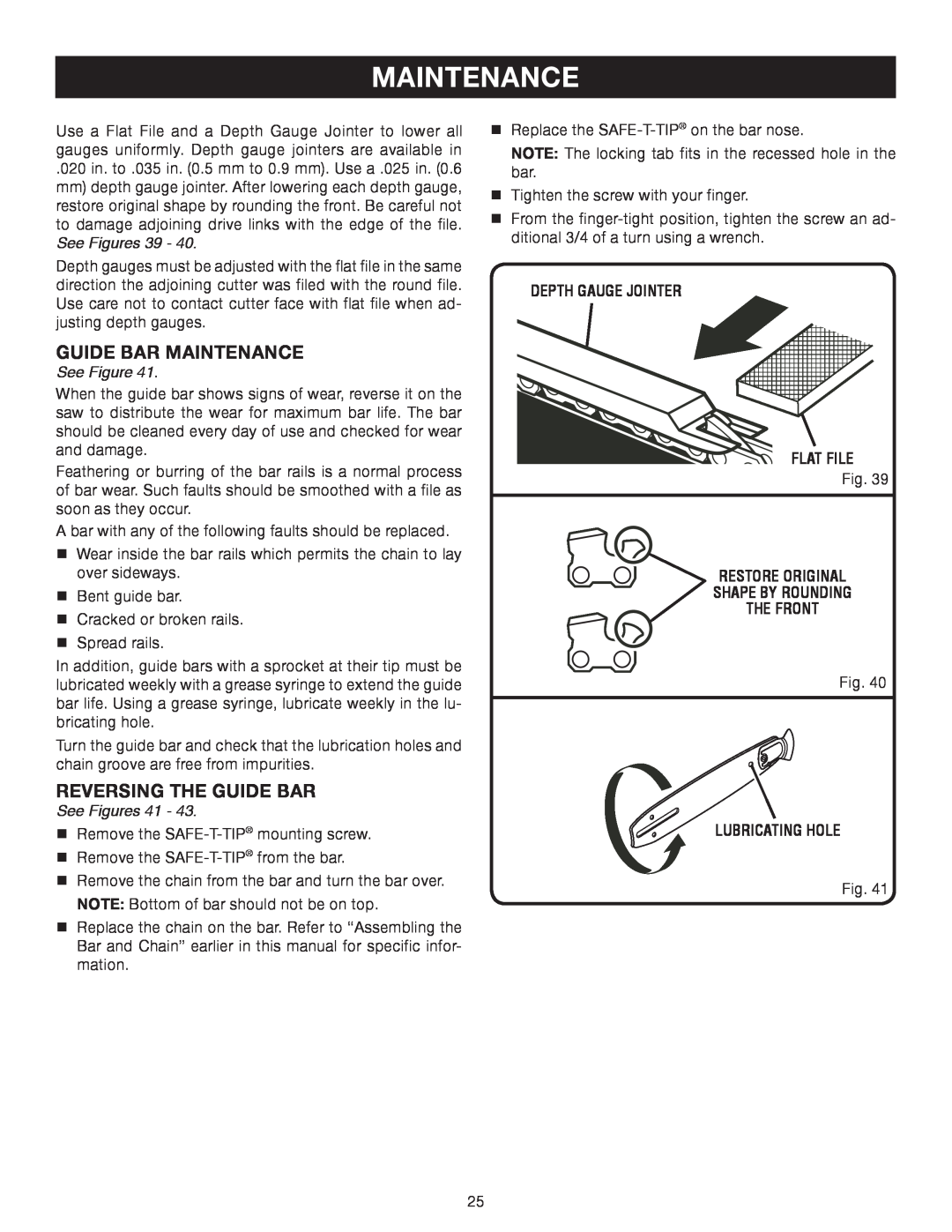 Ryobi Outdoor P540 manual Guide Bar Maintenance, Reversing The Guide Bar, See Figures 39, See Figures 41, Lubricating Hole 