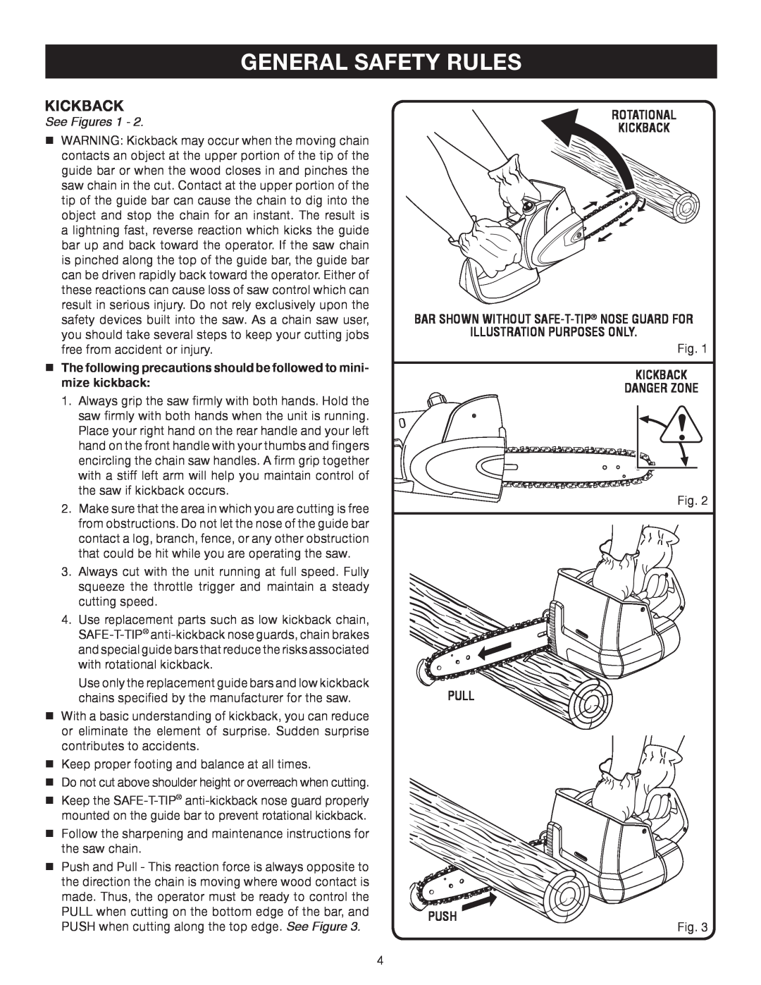 Ryobi Outdoor P540 General Safety Rules, See Figures 1, Illustration Purposes Only, Kickback Danger Zone, Pull Push 