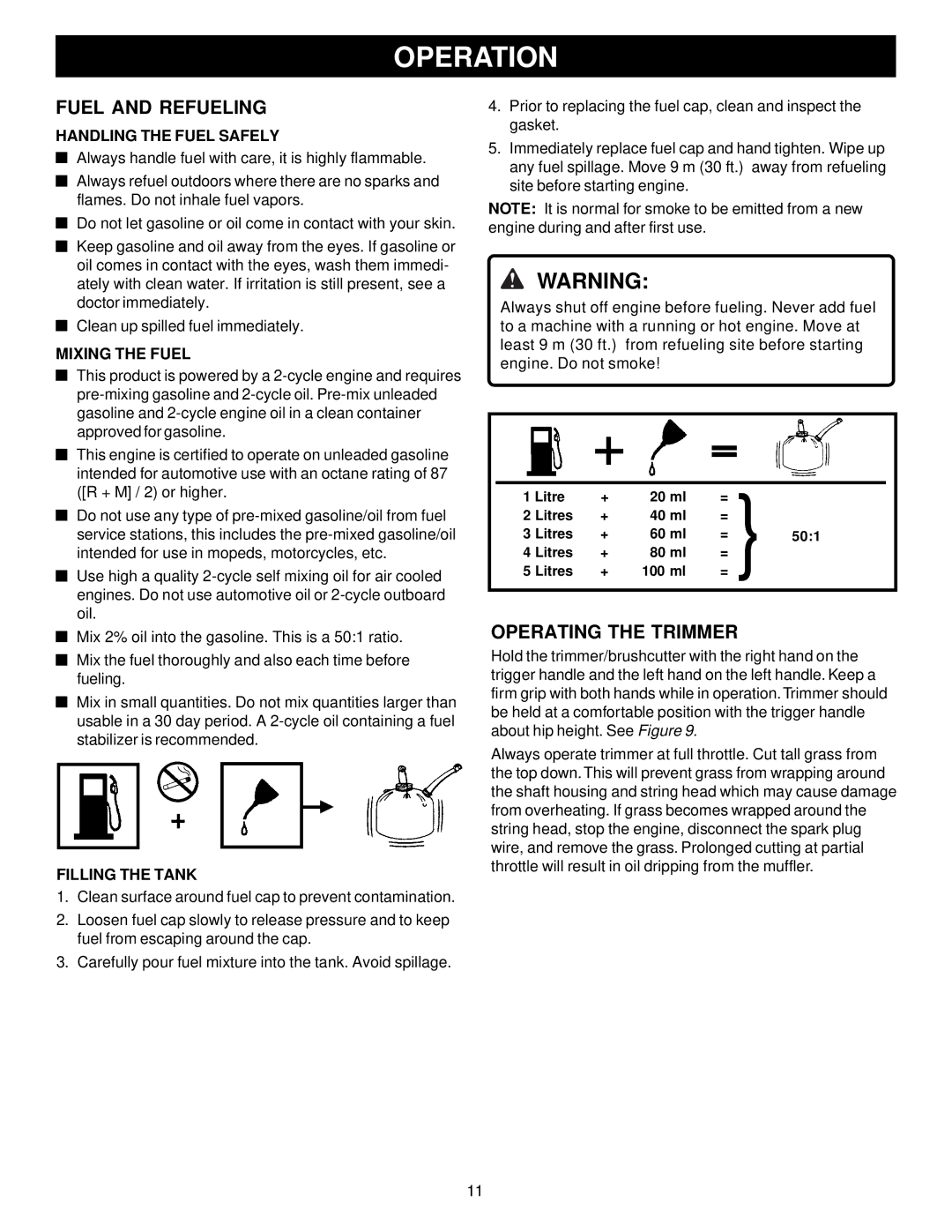 Ryobi Outdoor PBC3046B, RY70107 manual Operation, Fuel and Refueling, Operating the Trimmer 