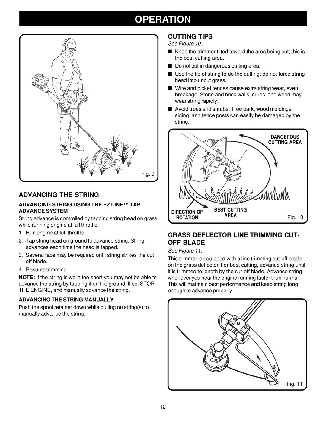 Ryobi Outdoor PBC3046B, RY70107 manual Advancing the String, Cutting Tips, Grass Deflector Line Trimming CUT- OFF Blade 