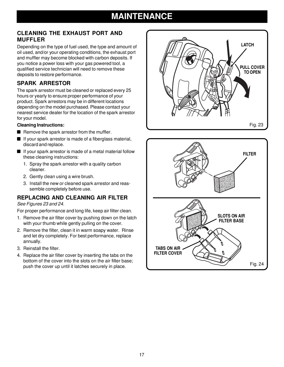 Ryobi Outdoor PBC3046B, RY70107 Cleaning the Exhaust Port and Muffler, Spark Arrestor, Replacing and Cleaning AIR Filter 