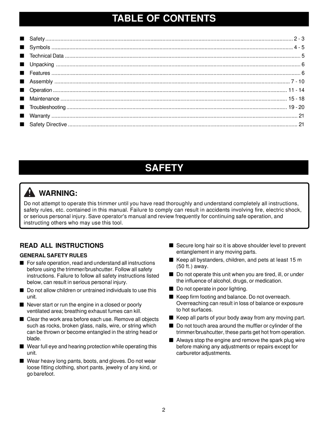 Ryobi Outdoor PBC3046B, RY70107 manual Table of Contents, Safety 