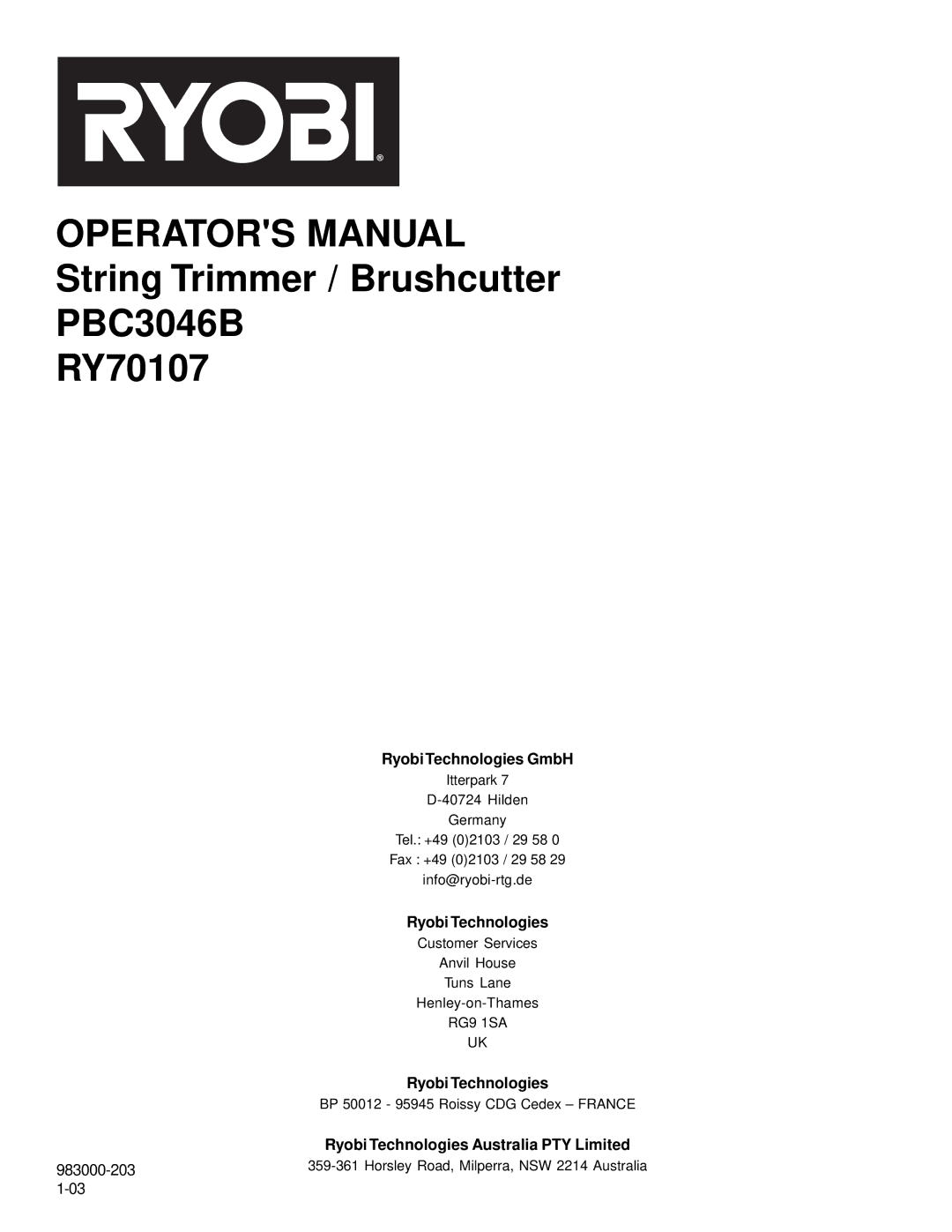 Ryobi Outdoor PBC3046B, RY70107 manual Ryobi Technologies GmbH 