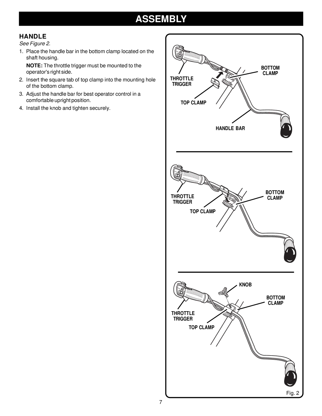 Ryobi Outdoor PBC3046B, RY70107 manual Assembly, See Figure, Throttle Trigger TOP Clamp Handle BAR Bottom 