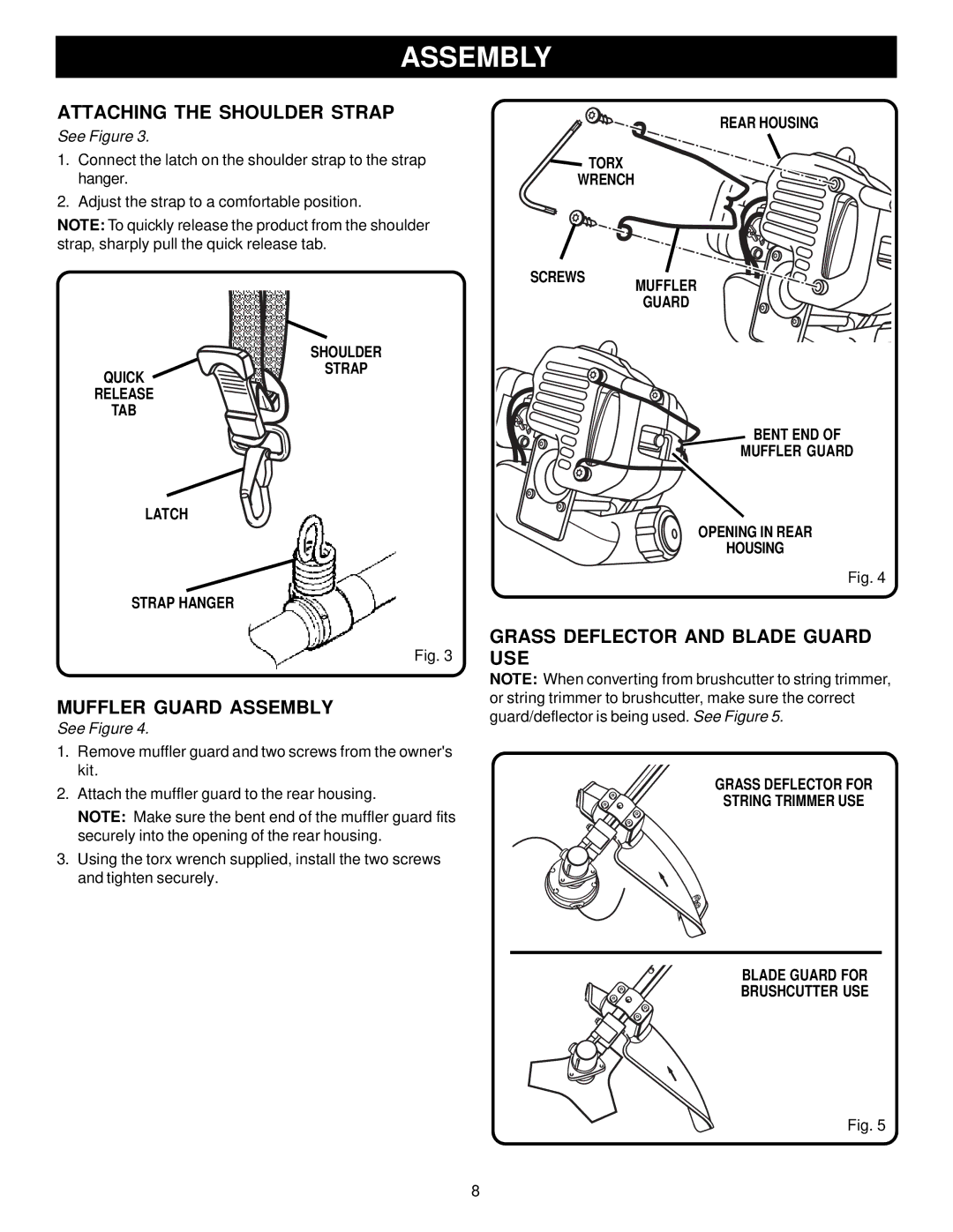 Ryobi Outdoor PBC3046B, RY70107 Attaching the Shoulder Strap, Muffler Guard Assembly, Grass Deflector and Blade Guard USE 