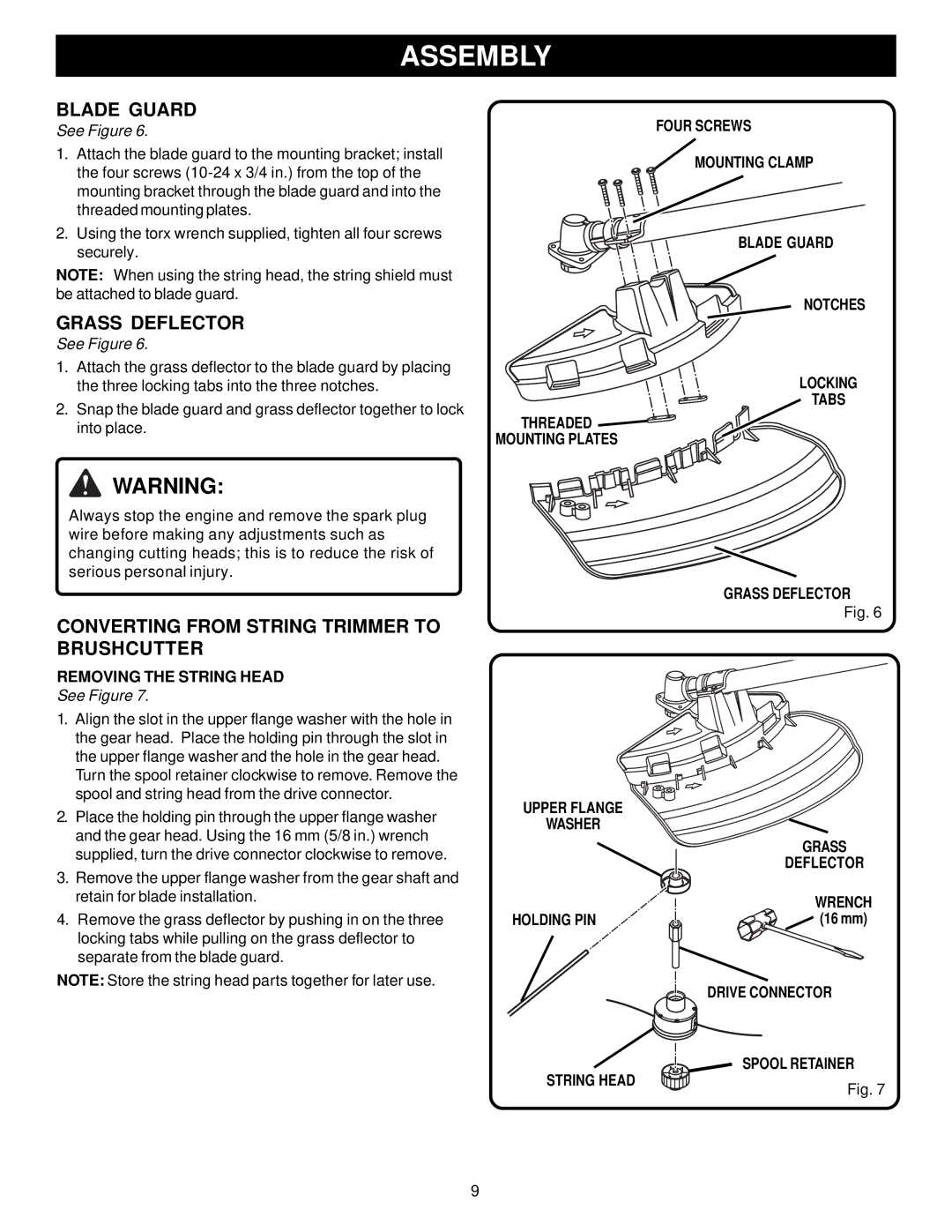 Ryobi Outdoor PBC3046B, RY70107 manual Blade Guard, Grass Deflector, Converting from String Trimmer to Brushcutter 