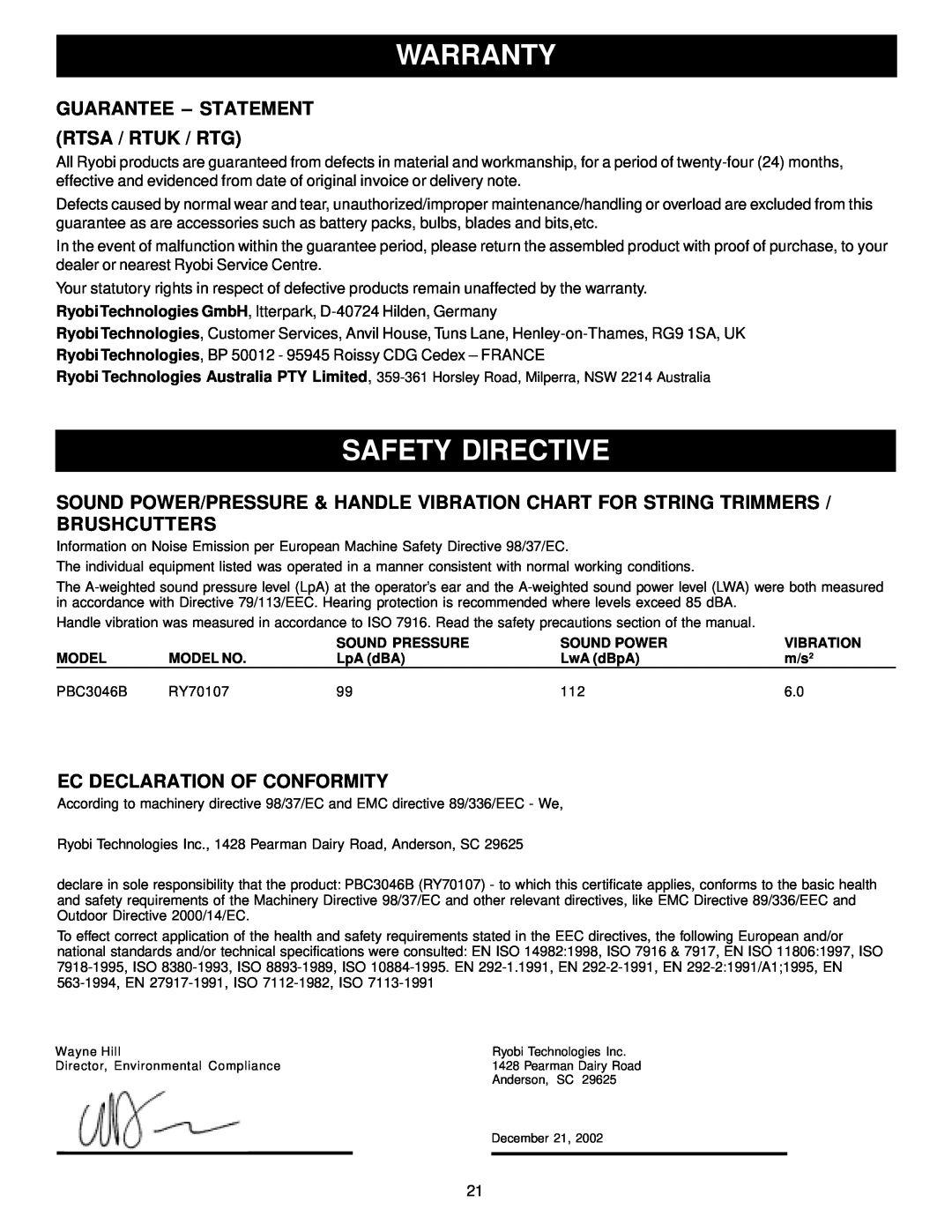 Ryobi Outdoor PBC3046B, RY70107 manual Warranty, Safety Directive, Guarantee - Statement Rtsa / Rtuk / Rtg 