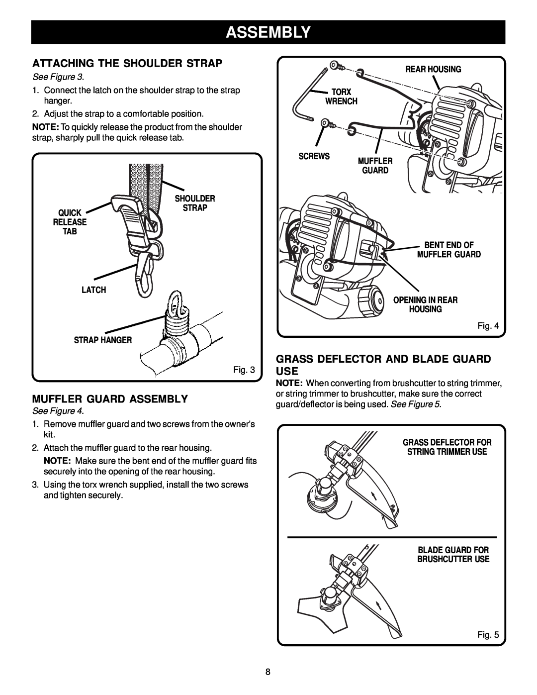 Ryobi Outdoor PBC3046B, RY70107 Attaching The Shoulder Strap, Muffler Guard Assembly, Grass Deflector And Blade Guard Use 