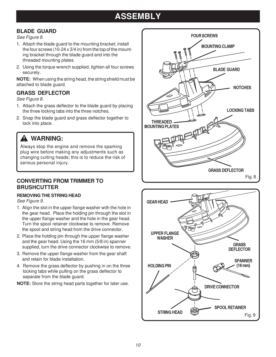 Ryobi Outdoor PBC3046E, RY70105 manual Blade Guard, Grass Deflector, Converting from Trimmer to Brushcutter 