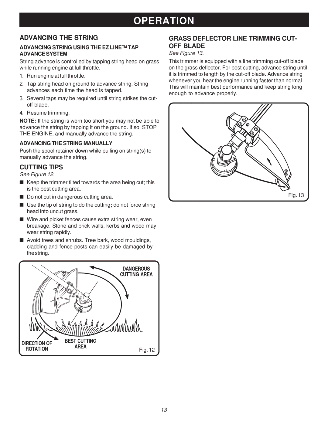 Ryobi Outdoor PBC3046E, RY70105 manual Advancing the String, Cutting Tips, Grass Deflector Line Trimming CUT- OFF Blade 