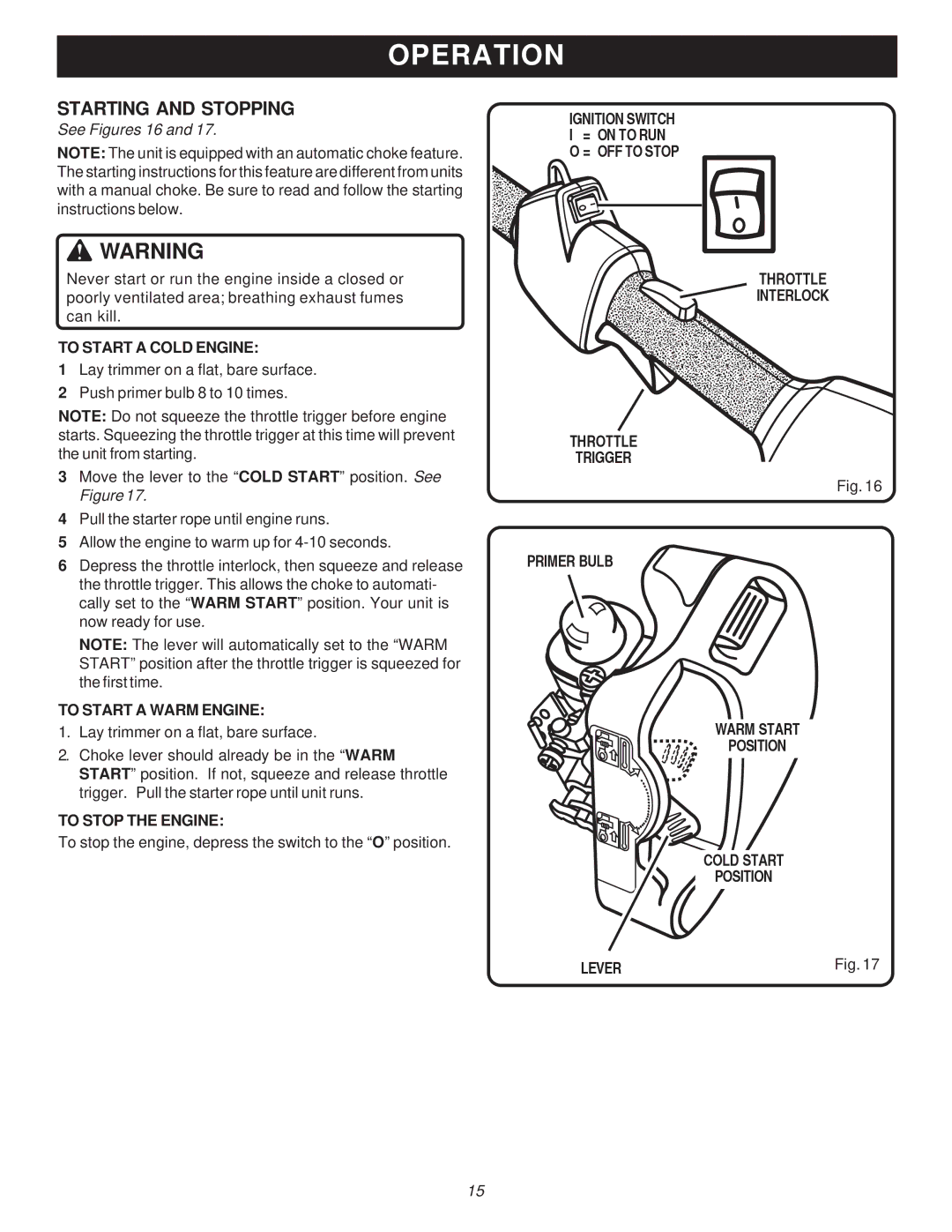 Ryobi Outdoor PBC3046E, RY70105 Starting and Stopping, To Start a Cold Engine, To Start a Warm Engine, To Stop the Engine 