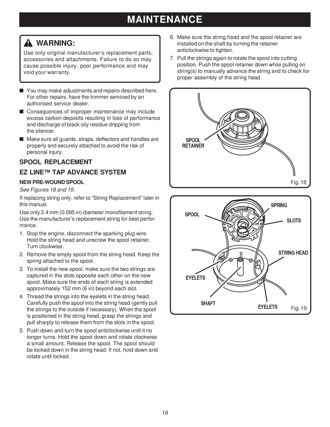 Ryobi Outdoor PBC3046E, RY70105 manual Maintenance, Spool Replacement EZ Line TAP Advance System, NEW PRE-WOUND Spool 