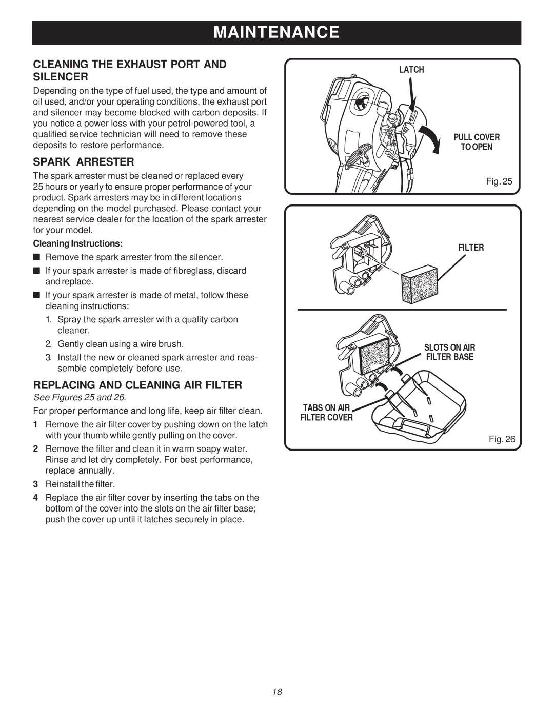 Ryobi Outdoor PBC3046E, RY70105 Cleaning the Exhaust Port and Silencer, Spark Arrester, Replacing and Cleaning AIR Filter 