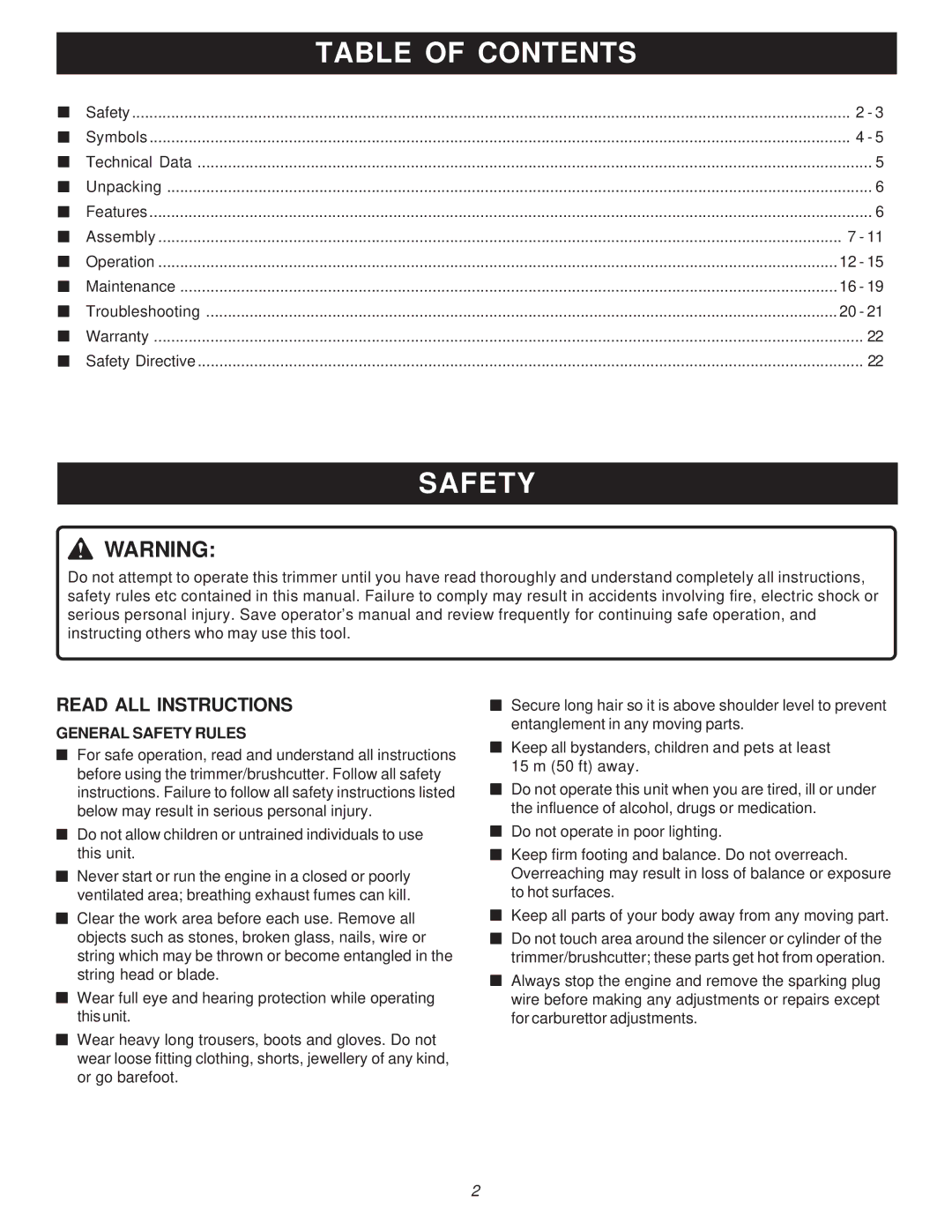 Ryobi Outdoor PBC3046E, RY70105 manual Table of Contents, Safety 