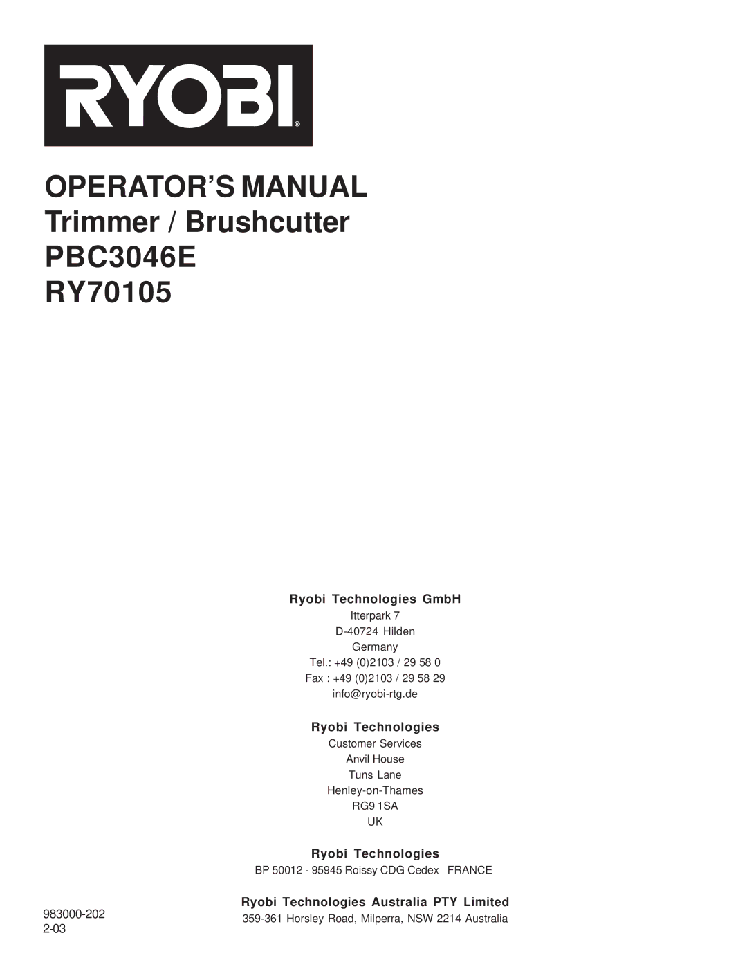 Ryobi Outdoor PBC3046E, RY70105 manual Ryobi Technologies GmbH 