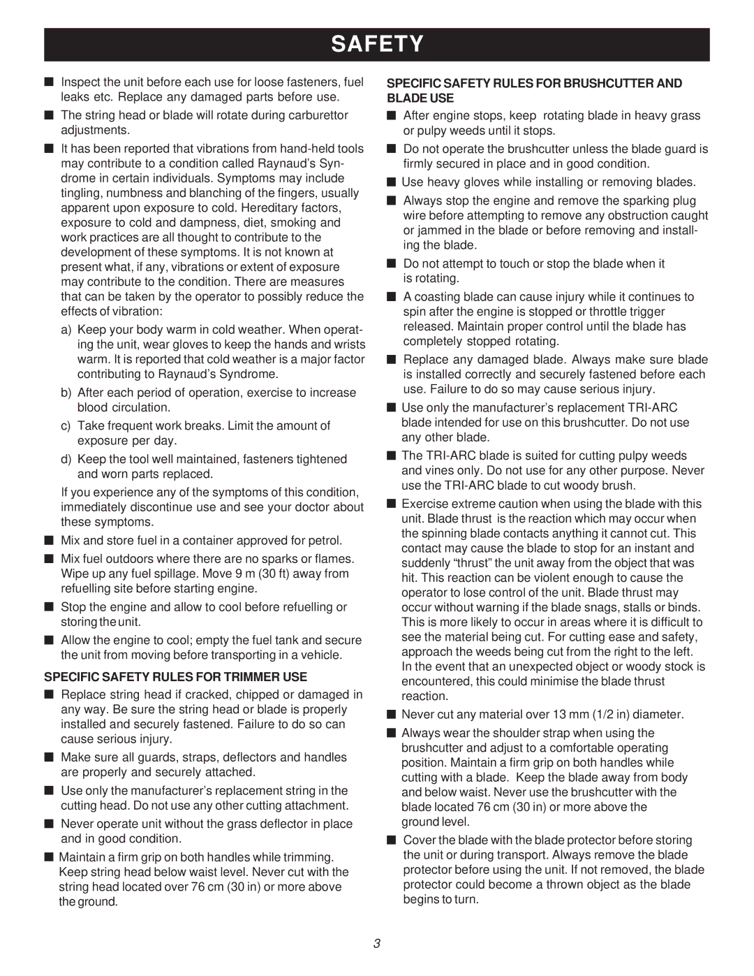 Ryobi Outdoor PBC3046E, RY70105 Specific Safety Rules for Trimmer USE, Specific Safety Rules for Brushcutter and Blade USE 
