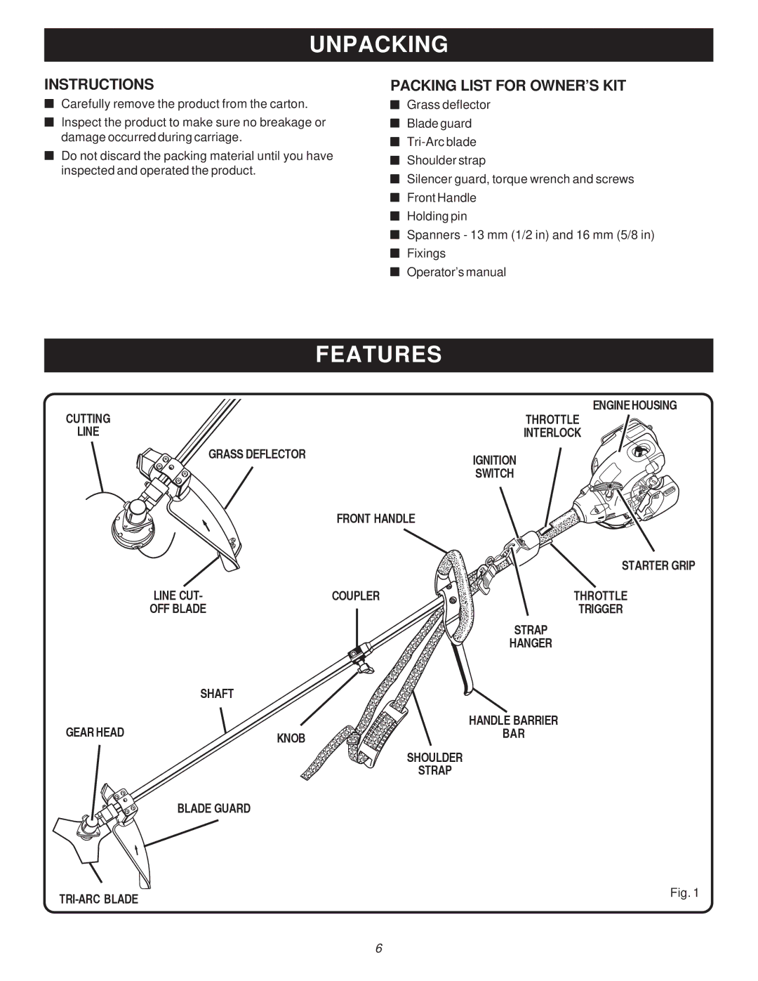 Ryobi Outdoor PBC3046E, RY70105 manual Unpacking, Features, Instructions, Packing List for OWNER’S KIT 