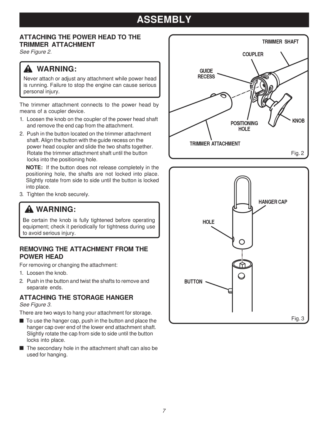 Ryobi Outdoor PBC3046E, RY70105 Assembly, Attaching the Power Head to the Trimmer Attachment, Attaching the Storage Hanger 