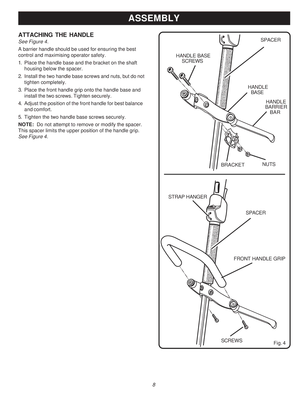 Ryobi Outdoor PBC3046E, RY70105 manual Attaching the Handle 