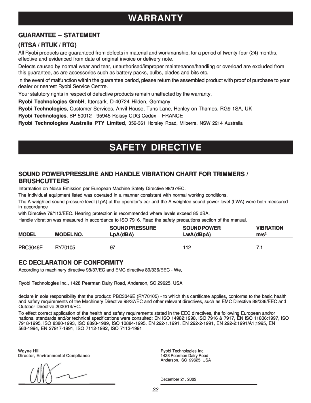 Ryobi Outdoor PBC3046E, RY70105 Warranty, Safety Directive, Guarantee – Statement Rtsa / Rtuk / Rtg, Sound Pressure, Model 