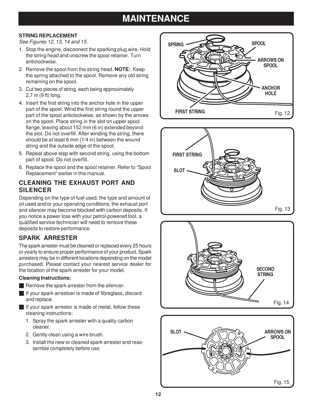 Ryobi Outdoor PLT3043A, RY70101A manual Cleaning the Exhaust Port and Silencer, Spark Arrester, String Replacement 