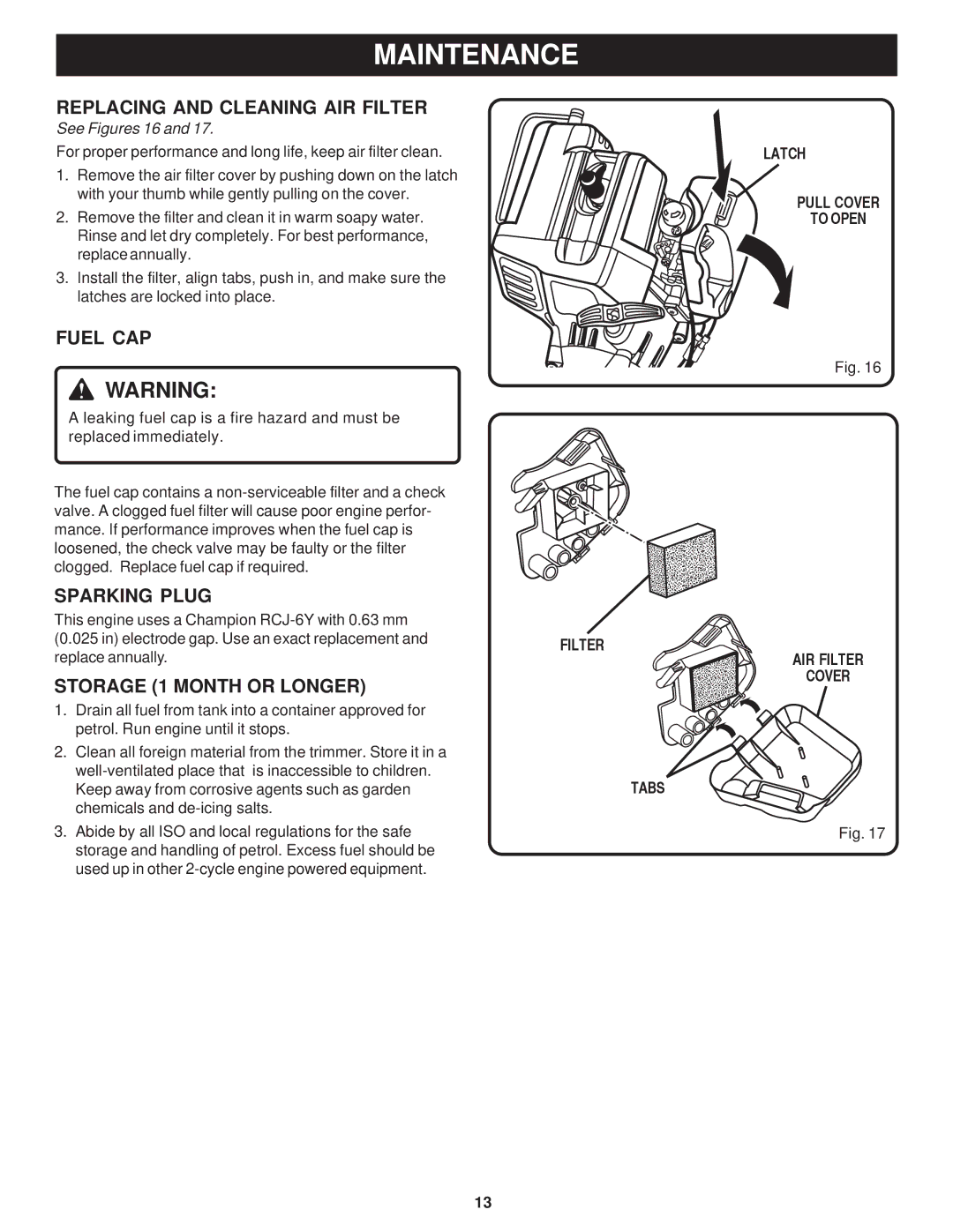 Ryobi Outdoor PLT3043A, RY70101A Replacing and Cleaning AIR Filter, Fuel CAP, Sparking Plug, Storage 1 Month or Longer 