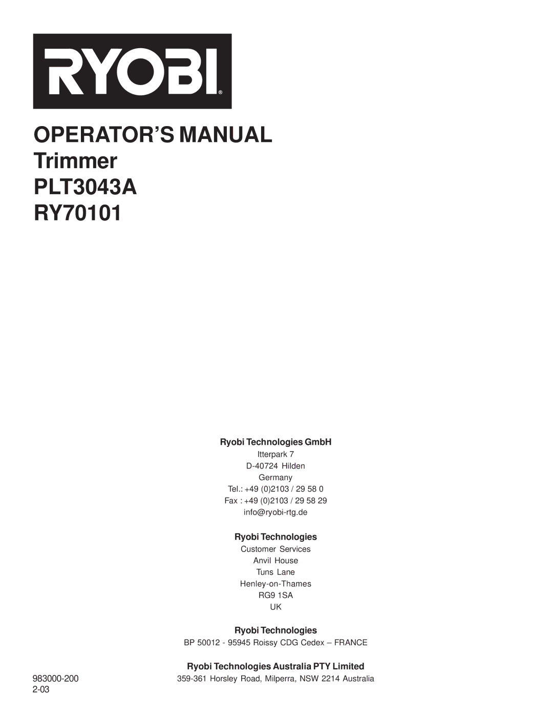 Ryobi Outdoor PLT3043A, RY70101A manual Ryobi Technologies GmbH 