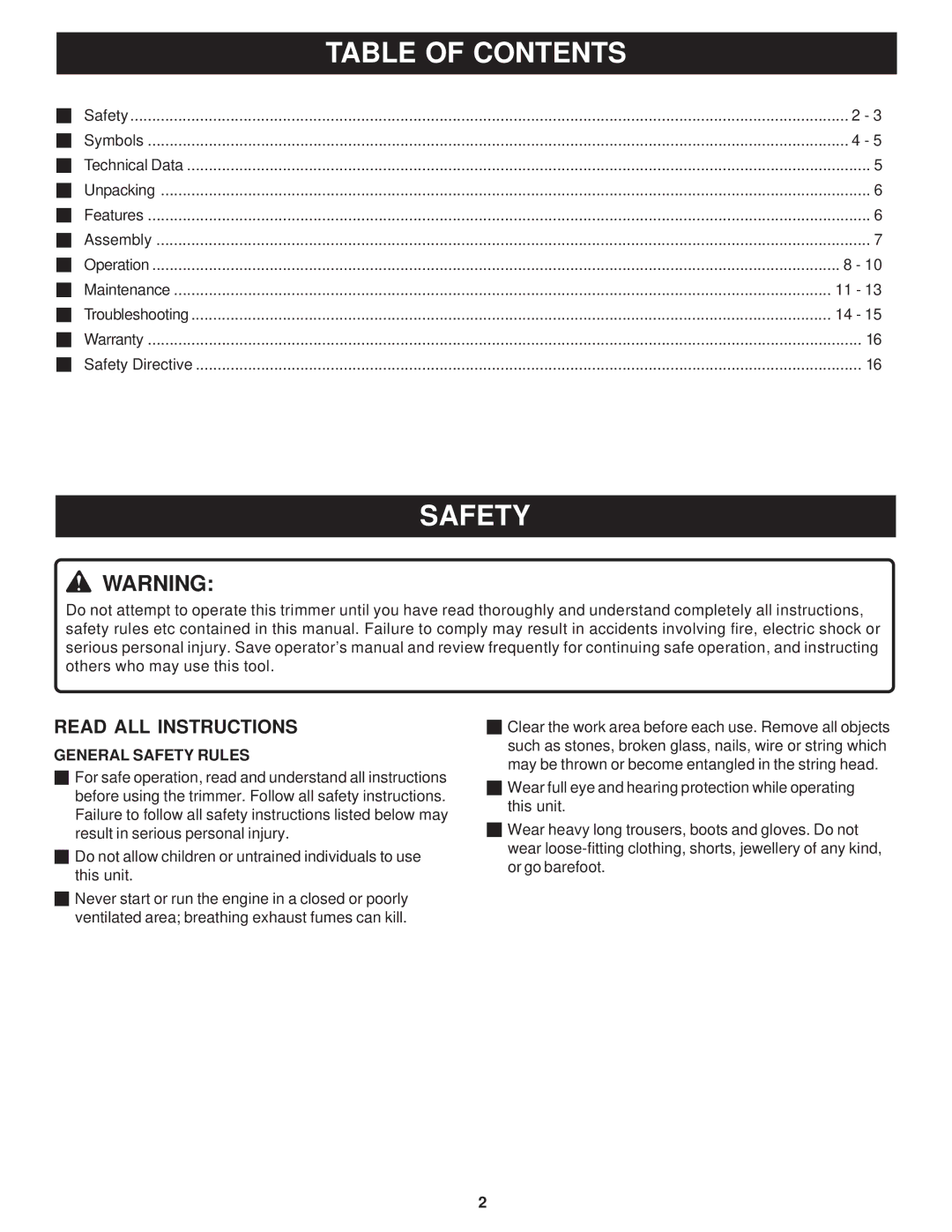 Ryobi Outdoor PLT3043A, RY70101A manual Table of Contents, Safety 