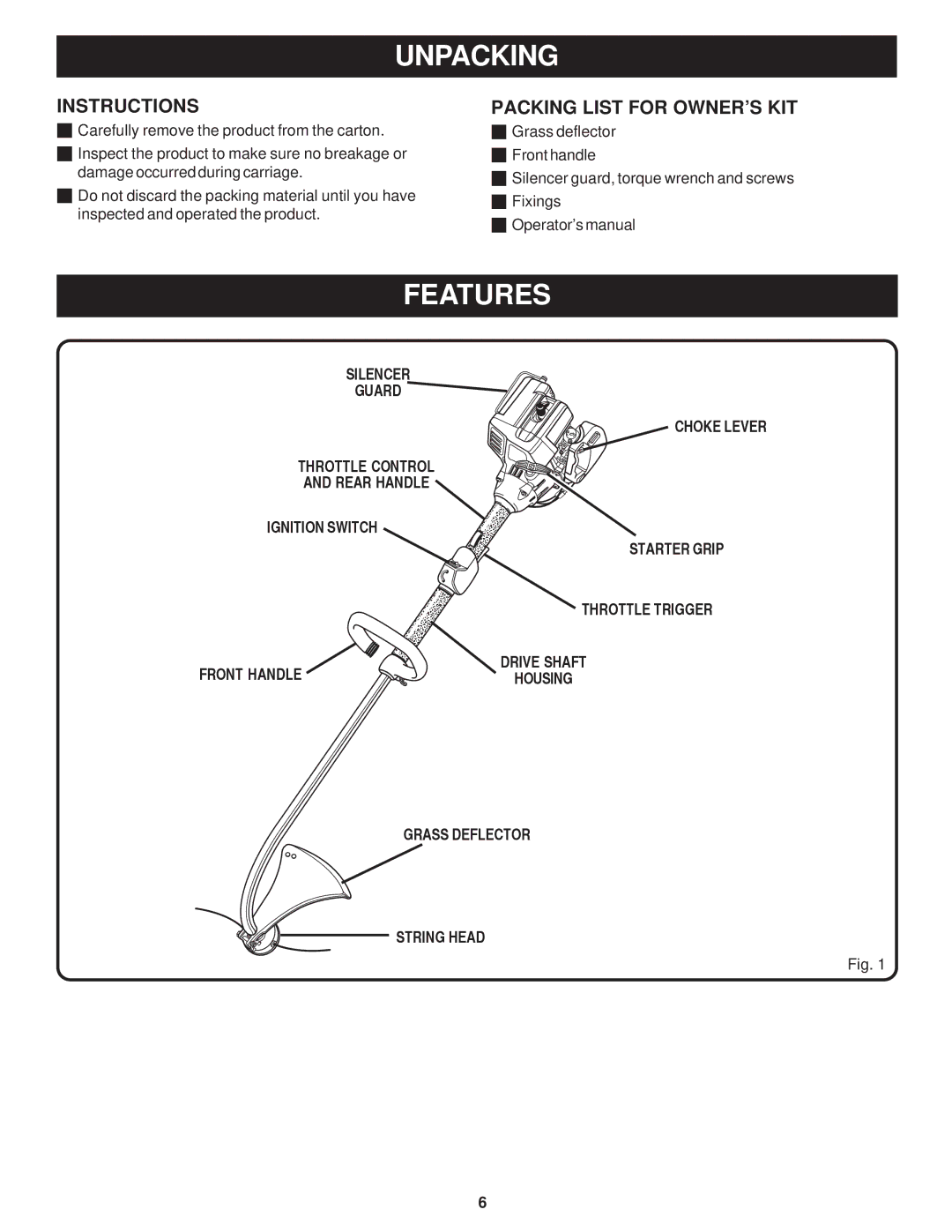 Ryobi Outdoor PLT3043A, RY70101A manual Unpacking, Features, Instructions, Packing List for OWNER’S KIT 