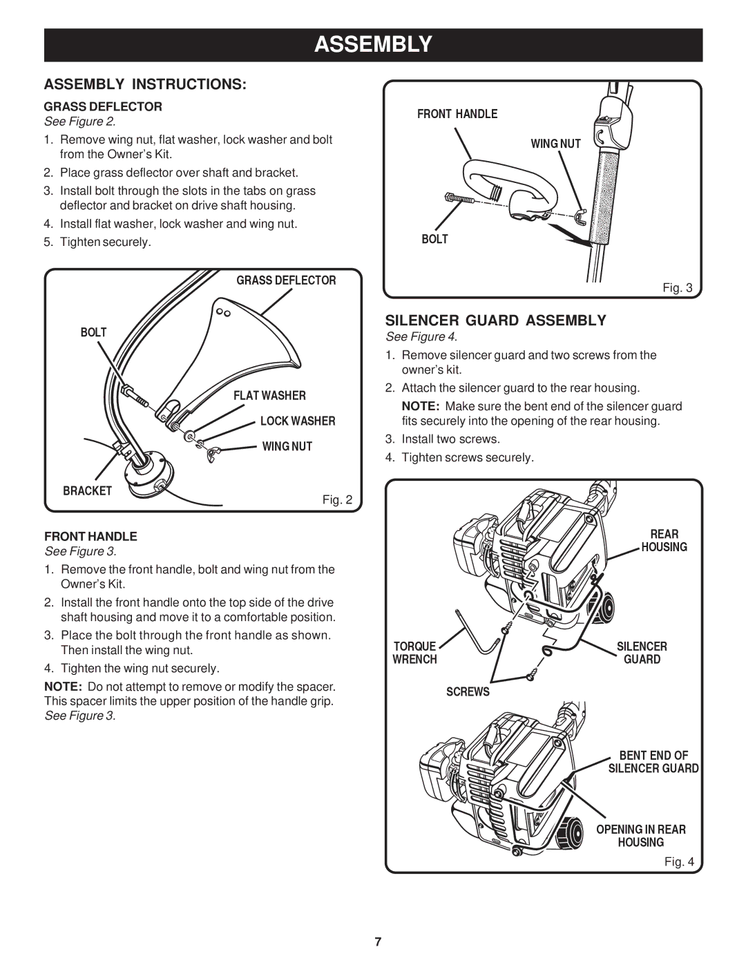 Ryobi Outdoor PLT3043A, RY70101A manual Assembly Instructions, Silencer Guard Assembly, Grass Deflector, See Figure 