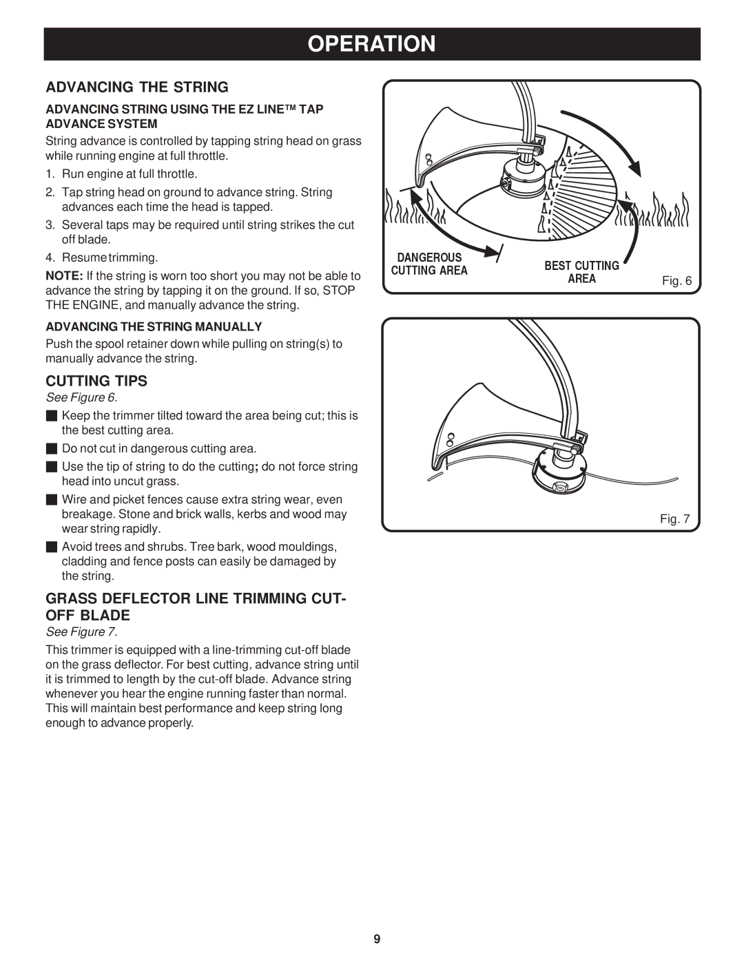 Ryobi Outdoor PLT3043A, RY70101A manual Advancing the String, Cutting Tips, Grass Deflector Line Trimming CUT- OFF Blade 